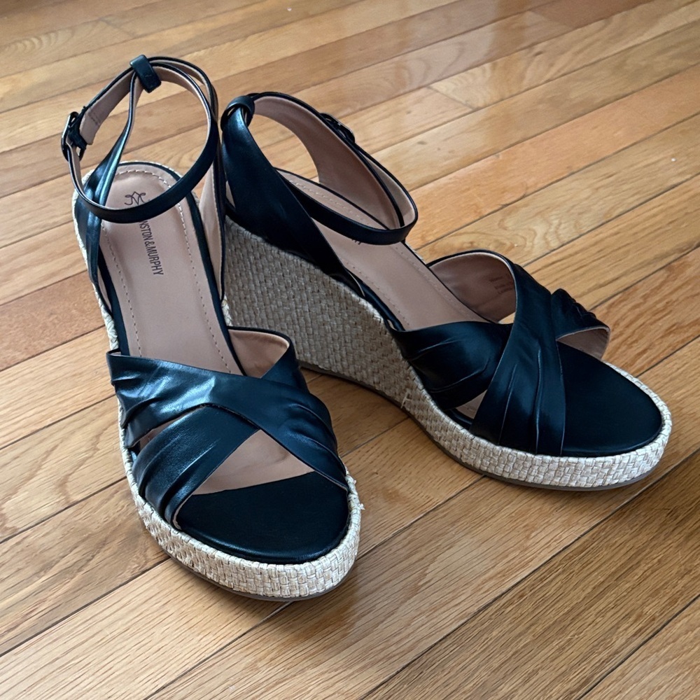 Johnston & Murphy Black Leather Espadrille Wedges with Ankle Strap